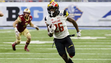 Dec 26, 2016; Detroit, MI, USA; Maryland Terrapins defensive back Darnell Savage Jr. (26) runs the ball after he makes an interception in the second half against the Boston College Eagles at Ford Field. Boston College won 36-30. Mandatory Credit: Rick Osentoski-USA TODAY Sports