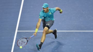 TOKYO, JAPAN - OCTOBER 03: Steve Johnson of the USA plays a forehand against Dominic Thiem of Austria during day two of the Rakuten Open at Ariake Coliseum on October 3, 2017 in Tokyo, Japan. (Photo by Matt Roberts/Getty Images)