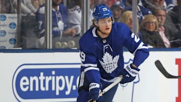 TORONTO, ON - APRIL 23: William Nylander #29 of the Toronto Maple Leafs skates with the puck against the Boston Bruins in Game Six of the Eastern Conference First Round in the 2018 Stanley Cup Play-offs at the Air Canada Centre on April 23, 2018 in Toronto, Ontario, Canada. The Maple Leafs defeated the Bruins 3-1.(Photo by Claus Andersen/Getty Images) *** Local Caption *** William Nylander