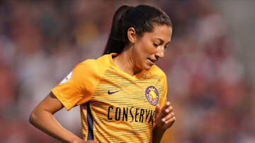 SANDY, UT - JULY 19: Forward Christen Press #23 of Utah Royals FC after her missed chance of scoring during the NWSL game between Utah Royals FC and Portland Thorns FC at Rio Tinto Stadium on July 19, 2019 in Sandy, Utah. (Photo by Daniela Porcelli/Getty Images)