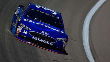 KANSAS CITY, KS - MAY 12: David Ragan, driver of the #38 Overton's Ford, practices for the Monster Energy NASCAR Cup Series Go Bowling 400 at Kansas Speedway on May 12, 2017 in Kansas City, Kansas. (Photo by Chris Trotman/Getty Images)