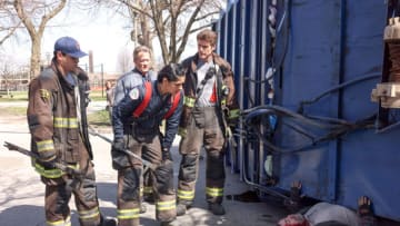 CHICAGO FIRE -- "Never, Ever Make a Mistake" Episode 1120 -- Pictured: (l-r) Alberto Rosende as Blake Gallo, Christian Stolte as Randy “Mouch” McHolland, Miranda Rae Mayo as Stella Kidd, Jake Lockett as Carver -- (Photo by: Adrian S Burrows Sr/NBC)