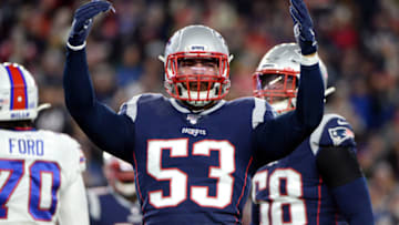 FOXBOROUGH, MASSACHUSETTS - DECEMBER 21: Kyle Van Noy #53 of the New England Patriots celebrates during the first half against the Buffalo Bills in the game at Gillette Stadium on December 21, 2019 in Foxborough, Massachusetts. (Photo by Kathryn Riley/Getty Images)