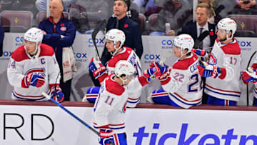 Nov 2, 2023; Tempe, Arizona, USA; Montreal Canadiens right wing Brendan Gallagher (11) celebrates with teammates after scoring a goal in the third period against the Arizona Coyotes at Mullett Arena. Mandatory Credit: Matt Kartozian-USA TODAY Sports