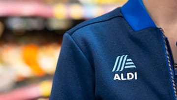 CARDIFF, WALES - NOVEMBER 19: A close-up of an Aldi logo on the uniform of an Aldi shop assistant on November 19, 2020 in Cardiff, Wales. (Photo by Matthew Horwood/Getty Images)