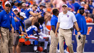 GAINESVILLE, FLORIDA - OCTOBER 09: head coach Dan Mullen of the Florida Gators looks on during the third quarter of a game against the Vanderbilt Commodores at Ben Hill Griffin Stadium on October 09, 2021 in Gainesville, Florida. (Photo by James Gilbert/Getty Images)