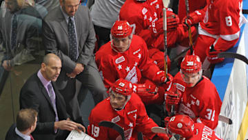 LONDON, ON - SEPT 30: Head coach Drew Bannister of the Sault Ste. Marie Greyhounds gives instructions during a timeout against the London Knights during an OHL game on Sept 30, 2016 at Budweiser Gardens in London, Ontario, Canada. The Greyhounds defeated the Knights 3-2 in an overtime shoot-out. (Photo by Claus Andersen/Getty Images)