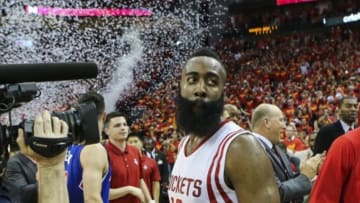 May 17, 2015; Houston, TX, USA; Houston Rockets guard James Harden (13) after game seven of the second round of the NBA Playoffs against the Los Angeles Clippers at Toyota Center. The Rockets defeated the Clippers 113-100 to win the series 4-3. Mandatory Credit: Troy Taormina-USA TODAY Sports