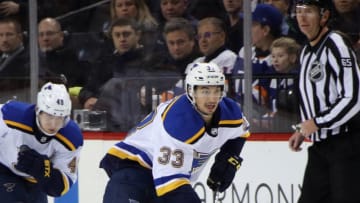 NEW YORK, NEW YORK - JANUARY 15: Jordan Kyrou #33 of the St. Louis Blues skates against the New York Islanders at the Barclays Center on January 15, 2019 in the Brooklyn borough of New York City. The Islanders defeated the Blues 2-1. (Photo by Bruce Bennett/Getty Images)