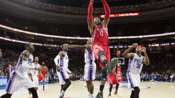 Mar 9, 2016; Philadelphia, PA, USA; Houston Rockets center Dwight Howard (12) dunks against the Philadelphia 76ers during the second half at Wells Fargo Center. The Rockets won 118-104. Mandatory Credit: Bill Streicher-USA TODAY Sports
