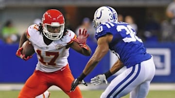 Oct 30, 2016; Indianapolis, IN, USA; Kansas City Chiefs receiver Chris Conley (17) tries to elude Indianapolis Colts corner back Rashaan Melvin (30) in the second half at Lucas Oil Stadium. The Chiefs won 30-14. Mandatory Credit: Thomas J. Russo-USA TODAY Sports