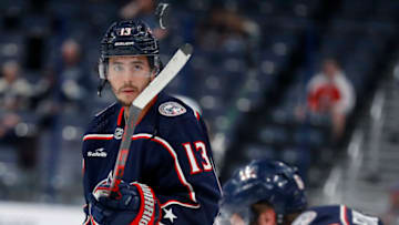Sep 25, 2022; Columbus, Ohio, USA; Columbus Blue Jackets left wing Johnny Gaudreau (13) warms up before the game against the Pittsburgh Penguins at Nationwide Arena. Mandatory Credit: Joseph Maiorana-USA TODAY Sports