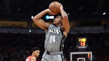Dec 8, 2021; Houston, Texas, USA; Brooklyn Nets guard Cam Thomas (24) shoots the ball during the fourth quarter against the Houston Rockets at Toyota Center. Mandatory Credit: Troy Taormina-USA TODAY Sports