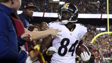 Sep 12, 2016; Landover, MD, USA; Pittsburgh Steelers wide receiver Antonio Brown (84) celebrates in the end zone after catching a touchdown pass against the Washington Redskins in the second quarter at FedEx Field. Mandatory Credit: Geoff Burke-USA TODAY Sports