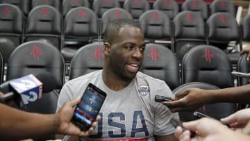 Jul 31, 2016; Houston, TX, USA; USA forward Draymond Green (14) talks to the media before practice at Toyota Center. Mandatory Credit: Thomas B. Shea-USA TODAY Sports