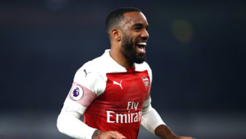 LONDON, ENGLAND - FEBRUARY 27: Alexandre Lacazette of Arsenal celebrates after scoring his team's fifth goal during the Premier League match between Arsenal FC and AFC Bournemouth at Emirates Stadium on February 27, 2019 in London, United Kingdom. (Photo by Julian Finney/Getty Images)