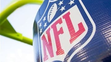 Aug 23, 2013; Green Bay, WI, USA; The NFL Logo on the goalpost padding during warmups prior to the game between the Seattle Seahawks and Green Bay Packers at Lambeau Field. Seattle won 17-10. Mandatory Credit: Jeff Hanisch-USA TODAY Sports