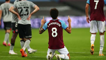 West Ham United's Brazilian midfielder Felipe Anderson celebrates. (Photo by Clive Rose / POOL / AFP) / RESTRICTED TO EDITORIAL USE. No use with unauthorized audio, video, data, fixture lists, club/league logos or 'live' services. Online in-match use limited to 120 images. An additional 40 images may be used in extra time. No video emulation. Social media in-match use limited to 120 images. An additional 40 images may be used in extra time. No use in betting publications, games or single club/league/player publications. / (Photo by CLIVE ROSE/POOL/AFP via Getty Images)