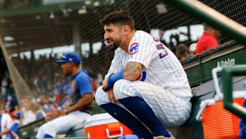 CHICAGO, ILLINOIS - SEPTEMBER 21: Nicholas Castellanos #6 of the Chicago Cubs lingers in the dugout for a couple extra minutes following his team's 9-8 loss to the St. Louis Cardinals at Wrigley Field on September 21, 2019 in Chicago, Illinois. (Photo by Nuccio DiNuzzo/Getty Images)