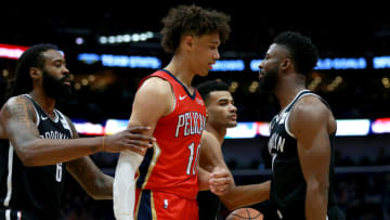 NEW ORLEANS, LOUISIANA - DECEMBER 17: Jaxson Hayes #10 of the New Orleans Pelicans and David Nwaba #0 of the Brooklyn Nets. (Photo by Sean Gardner/Getty Images)