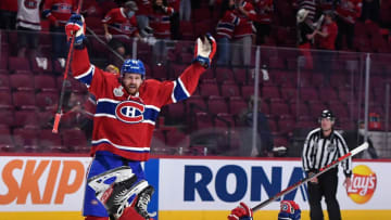 Jul 5, 2021; Montreal, Quebec, CAN; Montreal Canadiens right wing Josh Anderson (17) celebrates after scoring against Tampa Bay Lightning goaltender Andrei Vasilevskiy (not pictured) during the overtime period in game four of the 2021 Stanley Cup Final at the Bell Centre. Mandatory Credit: Eric Bolte-USA TODAY Sports