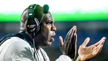Michigan State's head coach Mel Tucker cheers on his team during the first quarter in the game against Western Kentucky on Saturday, Oct. 2, 2021, at Spartan Stadium in East Lansing.211002 Msu Wku Fb 131a