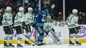 Nov 7, 2021; Vancouver, British Columbia, CAN; Vancouver Canucks forward Bo Horvat (53) celebrates a goal scored by forward Elias Pettersson (40) on Dallas Stars goalie Anton Khudobin (35) in the second period at Rogers Arena. Mandatory Credit: Bob Frid-USA TODAY Sports