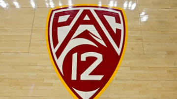 LOS ANGELES, CA - NOVEMBER 22: PAC 12 logo on the hardwood floor at USC Trojans Galen Center before game against the Temple Owls on November 22, 2019 in Los Angeles, California. (Photo by John McCoy/Getty Images)