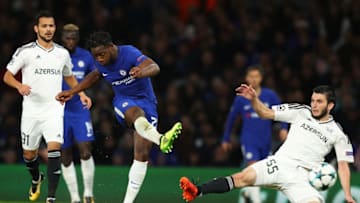 LONDON, ENGLAND - SEPTEMBER 12: Michy Batshuayi of Chelsea scores his sides fifth goal during the UEFA Champions League Group C match between Chelsea FC and Qarabag FK at Stamford Bridge on September 12, 2017 in London, United Kingdom. (Photo by Richard Heathcote/Getty Images)