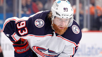 PHILADELPHIA, PENNSYLVANIA - APRIL 05: Jakub Voracek #93 of the Columbus Blue Jackets looks on against the Philadelphia Flyers at Wells Fargo Center on April 05, 2022 in Philadelphia, Pennsylvania. (Photo by Tim Nwachukwu/Getty Images)