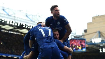 LONDON, ENGLAND - FEBRUARY 22: Marcos Alonso of Chelsea celebrates with teammates after scoring his team's second goal during the Premier League match between Chelsea FC and Tottenham Hotspur at Stamford Bridge on February 22, 2020 in London, United Kingdom. (Photo by Harriet Lander/Copa/Getty Images)