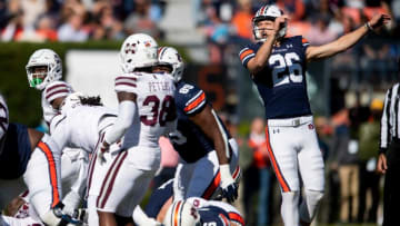 Auburn football kicker Anders Carlson (26) kicks against Mississippi State at Jordan-Hare Stadium in Auburn, Ala., on Saturday, Nov. 13, 2021.
