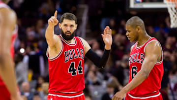 CLEVELAND, OH - FEBRUARY 25: Nikola Mirotic #44 of the Chicago Bulls and Cristiano Felicio #6 celebrate after scoring during the second half at Quicken Loans Arena on February 25, 2017 in Cleveland, Ohio. The Bulls defeated the Cavaliers 117-99. NOTE TO USER: User expressly acknowledges and agrees that, by downloading and/or using this photograph, user is consenting to the terms and conditions of the Getty Images License Agreement. (Photo by Jason Miller/Getty Images)