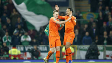 (L-R) Matthijs de Ligt of Holland, Virgil van Dijk of Holland during the UEFA EURO 2020 qualifier group C qualifying match between Northern Ireland and The Netherlands at Windsor Park on November 16, 2019 in Belfast, Northern Ireland(Photo by ANP Sport via Getty Images)