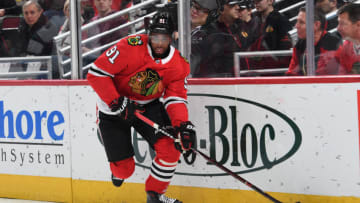 CHICAGO, IL - FEBRUARY 23: Anthony Duclair #91 of the Chicago Blackhawks chases the puck in the first period against the San Jose Sharks at the United Center on February 23, 2018 in Chicago, Illinois. The Chicago Blackhawks defeated the San Jose Sharks 3-1. (Photo by Bill Smith/NHLI via Getty Images)