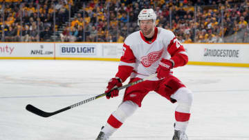 NASHVILLE, TN - FEBRUARY 12: Thomas Vanek #26 of the Detroit Red Wings skates against the Nashville Predators at Bridgestone Arena on February 12, 2019 in Nashville, Tennessee. (Photo by John Russell/NHLI via Getty Images)