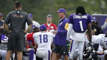 Aug 1, 2016; Mankato, MN, USA; Minnesota Vikings head coach Mike Zimmer addresses his team after the afternoon session of training camp at Minnesota State University. Mandatory Credit: Bruce Kluckhohn-USA TODAY Sports