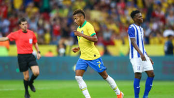 PORTO ALEGRE, BRAZIL - JUNE 9: David Neres of Brazil celebrates their fifth goal during the match Brazil v Honduras, at Beira-Rio Stadium on June 9, 2019, in Porto Alegre, Brazil. (Photo by Lucas Uebel/Getty Images)