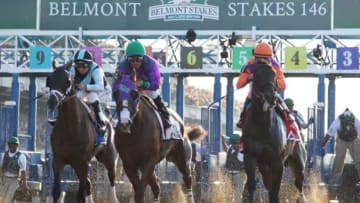 Jun 7, 2014; Elmont, NY, USA; (Left to right) Joe Bravo aboard Matterhorn (3), Victor Espinoza aboard California Chrome (2), and Robby Albarado aboard Medal Count (1) come down the front stretch during the 2014 Belmont Stakes at Belmont Park. Mandatory Credit: Brian Spurlock-USA TODAY Sports