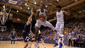 DURHAM, NC - JANUARY 29: Wendell Carter, Jr. #34 of the Duke Blue Devils gets a defensive rebound against the Notre Dame Fighting Irish at Cameron Indoor Stadium on January 29, 2018 in Durham, North Carolina. (Photo by Lance King/Getty Images)