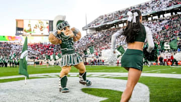 Sparty flexes at midfield before Michigan State's football game against Nebraska on Saturday, Sept. 25, 2021, at Spartan Stadium in East Lansing.210925 Msu Nebraska 067a