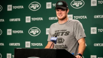 FLORHAM PARK, NJ - JUNE 04: Sam Darnold #14 of the New York Jets speaks with the media after mandatory mini camp at The Atlantic Health Jets Training Center on June 4, 2019 in Florham Park, New Jersey. (Photo by Mark Brown/Getty Images)