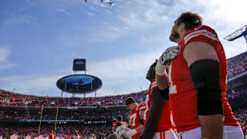 KANSAS CITY, MO - NOVEMBER 11: Mitchell Schwartz #71, offensive tackle with the Kansas City Chiefs, watched four A-10 jets fly over at Arrowhead Stadium on Veteran's Day, prior to the game against the Arizona Cardinals on November 11, 2018 in Kansas City, Missouri. (Photo by David Eulitt/Getty Images)