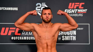 HAMBURG, GERMANY - JULY 21: David Zawada of England poses on the scale during the UFC Fight Night Weigh-in event at the Radisson Blu Hotel on July 21, 2018 in Hamburg, Germany. (Photo by Jeff Bottari/Zuffa LLC/Zuffa LLC via Getty Images)