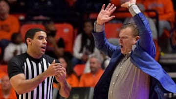 Feb 11, 2023; Champaign, Illinois, USA; Illinois Fighting Illini head coach Brad Underwood reacts during the first half against the Rutgers Scarlet Knights at State Farm Center. Mandatory Credit: Ron Johnson-USA TODAY Sports