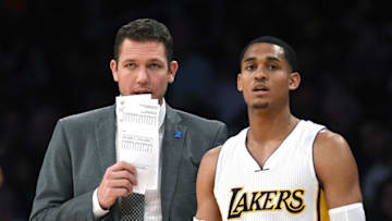 LOS ANGELES, CA - APRIL 2: Jordan Clarkson #6 of the Los Angeles Lakers takes instruction from head coach Luke Walton of the Los Angeles Lakers during the second half of the basketball game against Memphis Grizzlies at Staples Center April 2, 2017, in Los Angeles, California. NOTE TO USER: User expressly acknowledges and agrees that, by downloading and or using this photograph, User is consenting to the terms and conditions of the Getty Images License Agreement. (Photo by Kevork Djansezian/Getty Images)