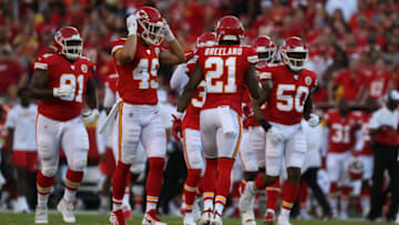 KANSAS CITY, MO - AUGUST 10: Kansas City Chiefs defensive back Bashaud Breeland (21) with his defensive teammates between plays in the first half of an NFL preseason game between the Cincinnati Bengals and Kansas City Chiefs on August 10, 2019 at Arrowhead Stadium in Kansas City, MO. (Photo by Scott Winters/Icon Sportswire via Getty Images)