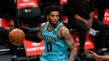 NEW YORK, NEW YORK - APRIL 16: Miles Bridges #0 of the Charlotte Hornets dribbles during the second half against the Brooklyn Nets at Barclays Center on April 16, 2021 in the Brooklyn borough of New York City. NOTE TO USER: User expressly acknowledges and agrees that, by downloading and or using this photograph, User is consenting to the terms and conditions of the Getty Images License Agreement. (Photo by Sarah Stier/Getty Images)