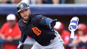 Mar 5, 2016; Melbourne, FL, USA; Detroit Tigers left fielder Tyler Collins (18) draws a walk during a spring training game against the Washington Nationals at Space Coast Stadium. Mandatory Credit: Steve Mitchell-USA TODAY Sports