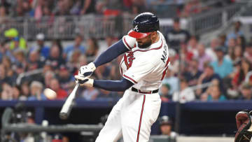 ATLANTA, GA - MAY 4: Nick Markakis #22 of the Atlanta Braves hits a solo home run in the third inning against the San Francisco Giants at SunTrust Park on May 4, 2018 in Atlanta, Georgia. (Photo by Scott Cunningham/Getty Images)